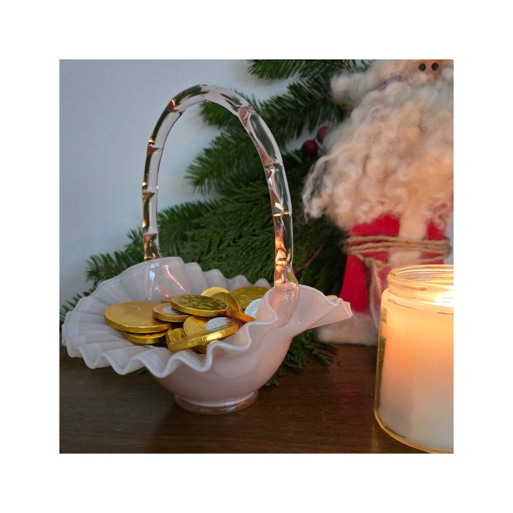 Vintage Fenton Rose Overlay Bridal Basket – Pink Ruffled Glass