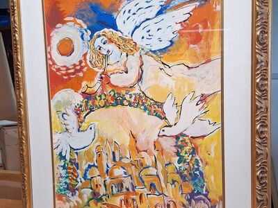 Zamy Stynavitz Angel and Doves over Jerusalem Gold Framed Print