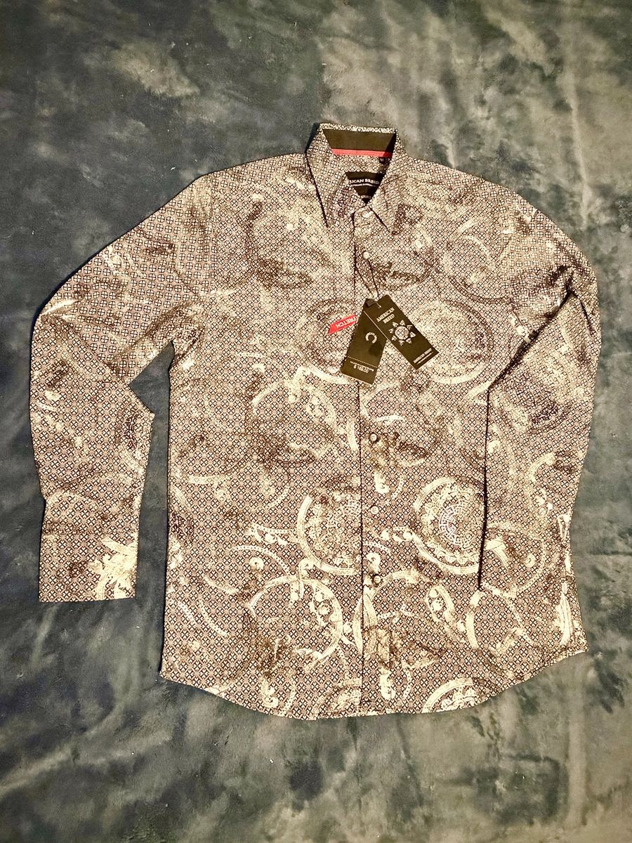American Breed Men's M Black gray silver White Paisley Long Sleeve Button-Up Smart Shirt NWT