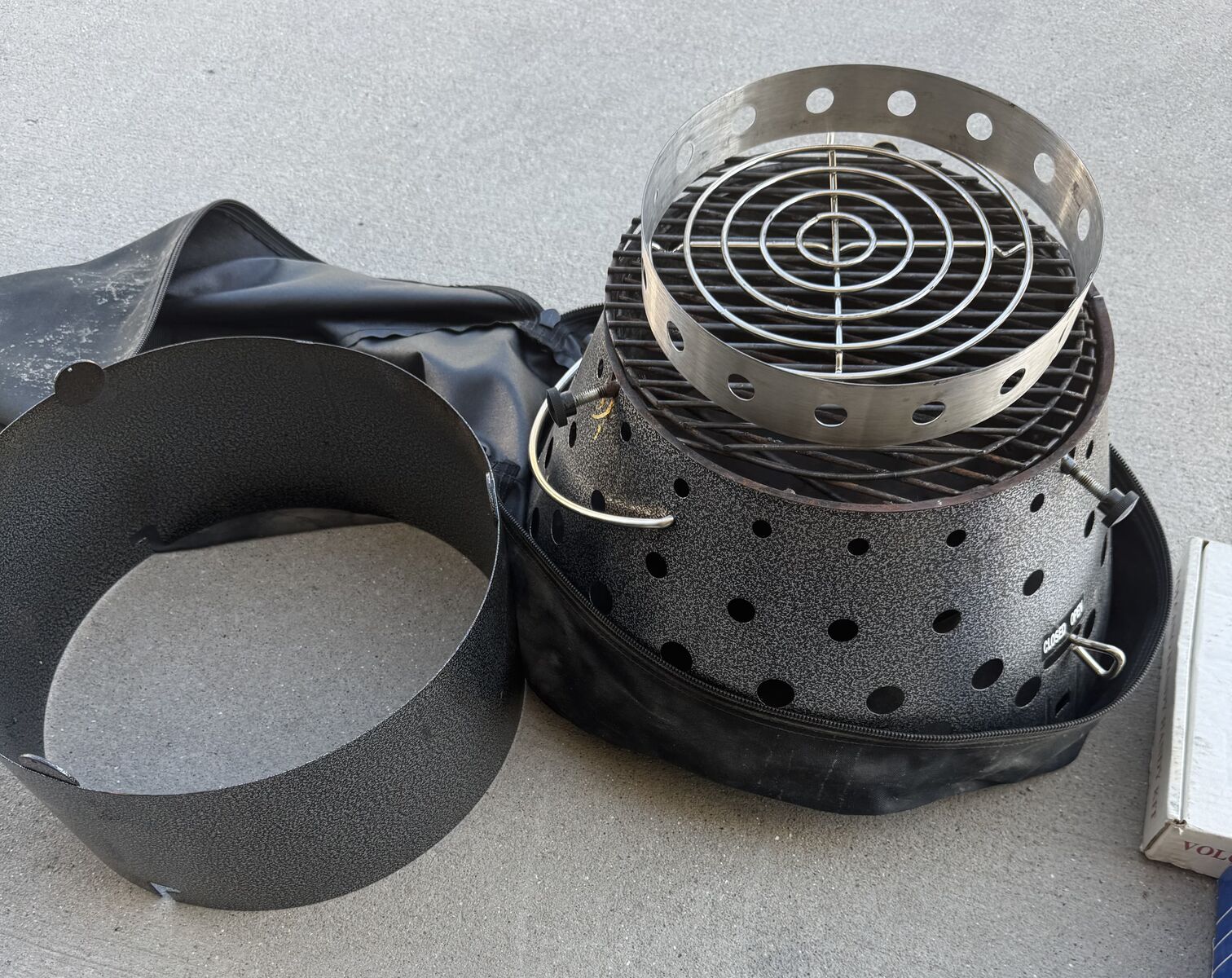 Volcano grill in bag, new accessory kit, and new electric charcoal starter