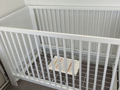 White Wood Baby Crib - Standard Size, Adjustable Mattress Height