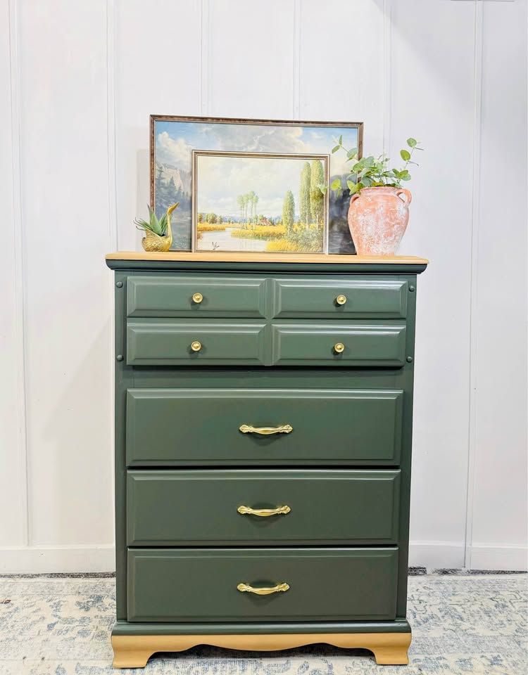 Vintage Modern Inspired Dark Green 4 Drawer Dresser | Modern Inspired 4 Drawer Chest | Dresser