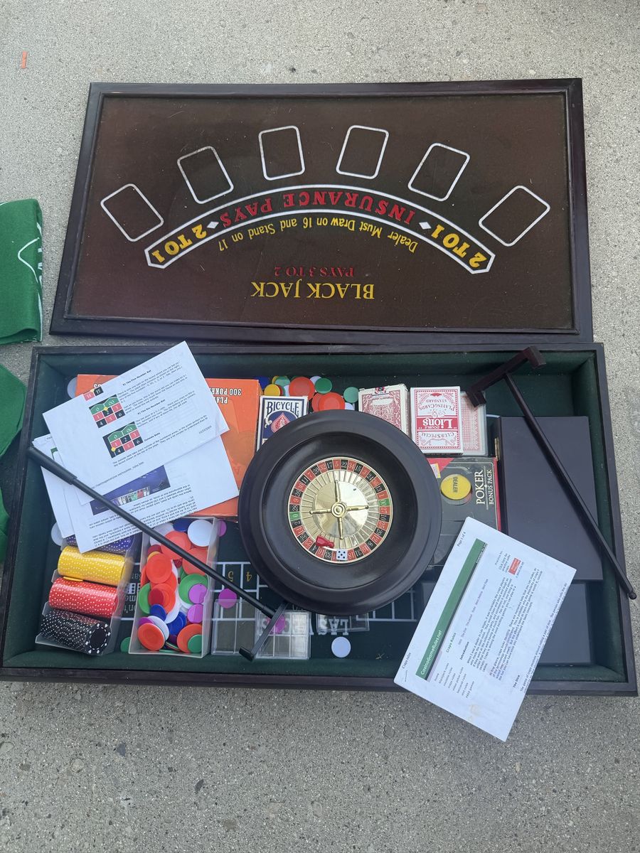 Multi-Game Casino Set with Wooden Case - Roulette Wheel, Blackjack Felt, Poker Chips, & Playing Cards