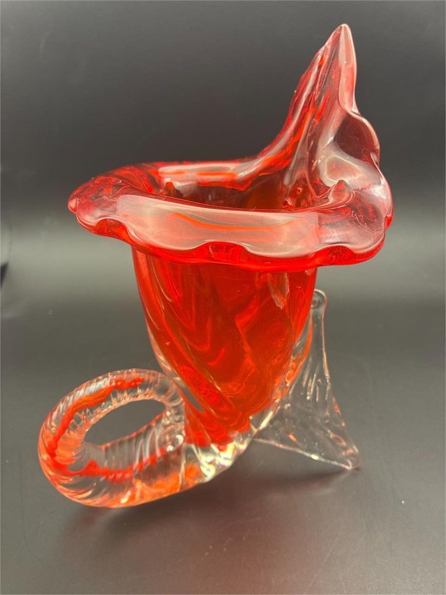 VINTAGE MURANO GLASS VIBRANT CRANBERRY RED CORNUCOPIA VASE JACK IN THE PULPIT ITALY MCM HAND-BLOWN ART GLASS-EXCELLENT!!!