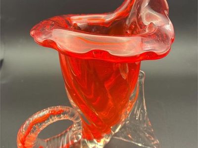 VINTAGE MURANO GLASS VIBRANT CRANBERRY RED CORNUCOPIA VASE JACK IN THE PULPIT ITALY MCM HAND-BLOWN ART GLASS-EXCELLENT!!!