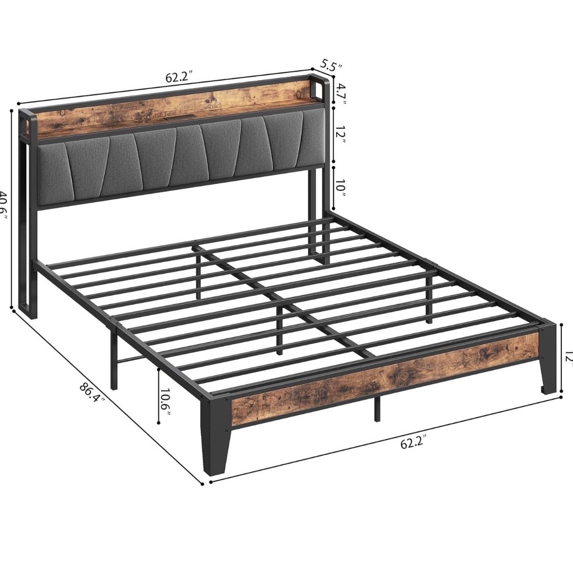 Industrial Queen Size Bed Frame with Upholstered Headboard & Wood Accent - 62.2" W x 86.4" L