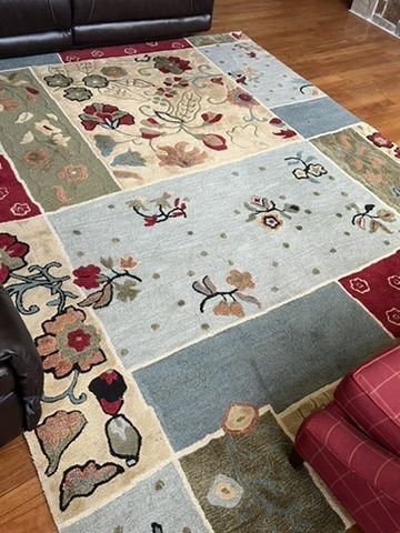 Large Wool Floral Patchwork Area Rug in Blue, Red, and Green