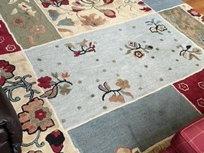 Large Wool Floral Patchwork Area Rug in Blue, Red, and Green