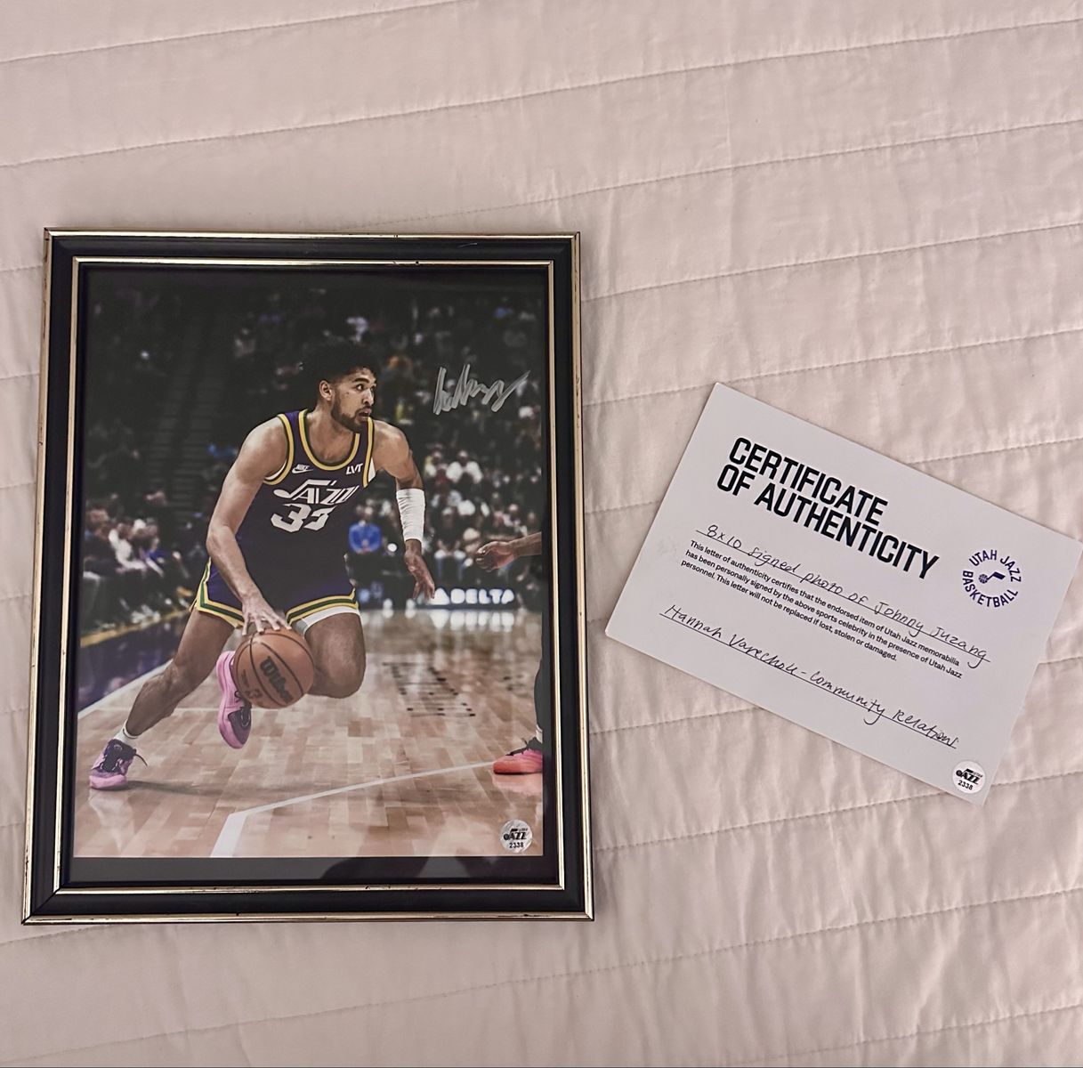 Signed Johnny Juzang Utah Jazz 8x10 Photo w/ Offic