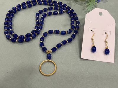 Royal Blue Beaded Gold Pendant Necklace And Earrings