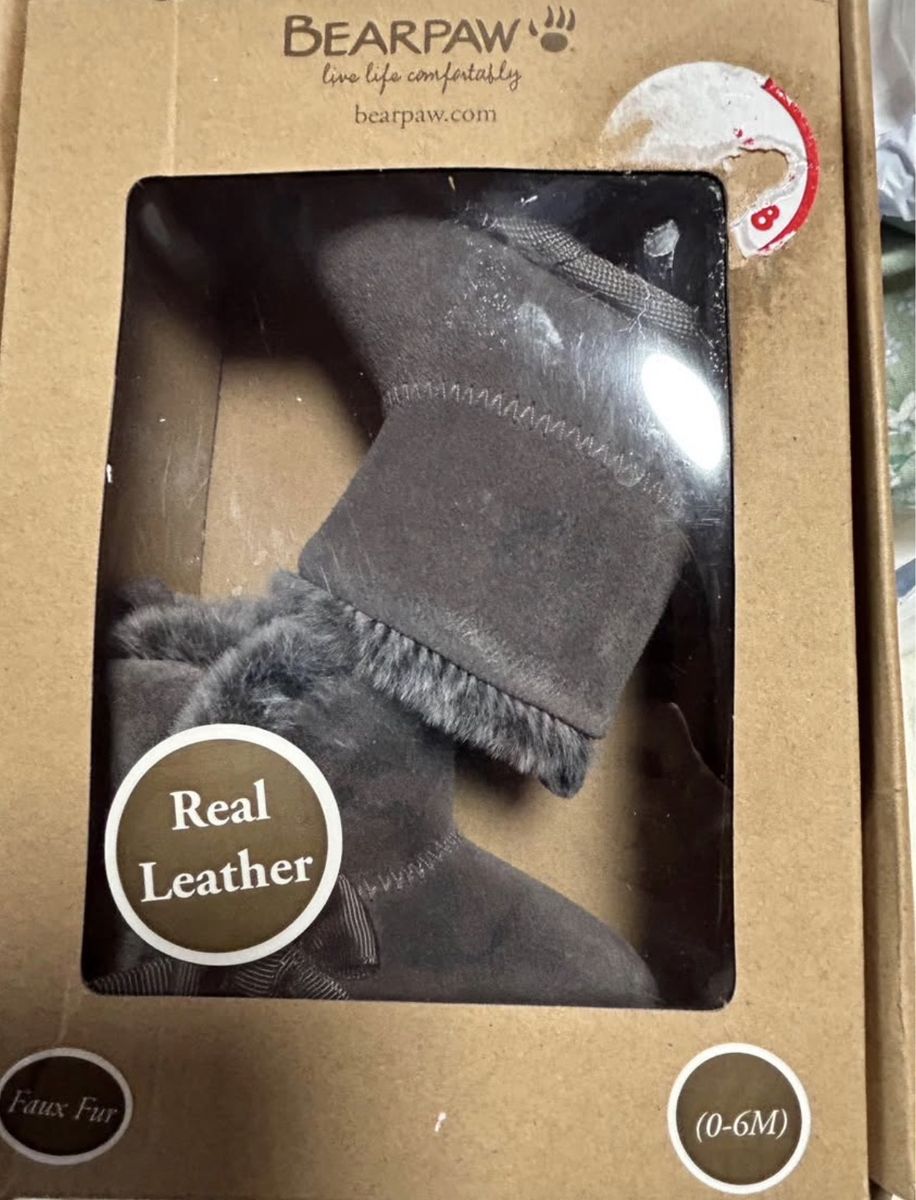 Bearpaw Baby Boo Gray Real Leather Faux Fur Boots, Size 0-6M