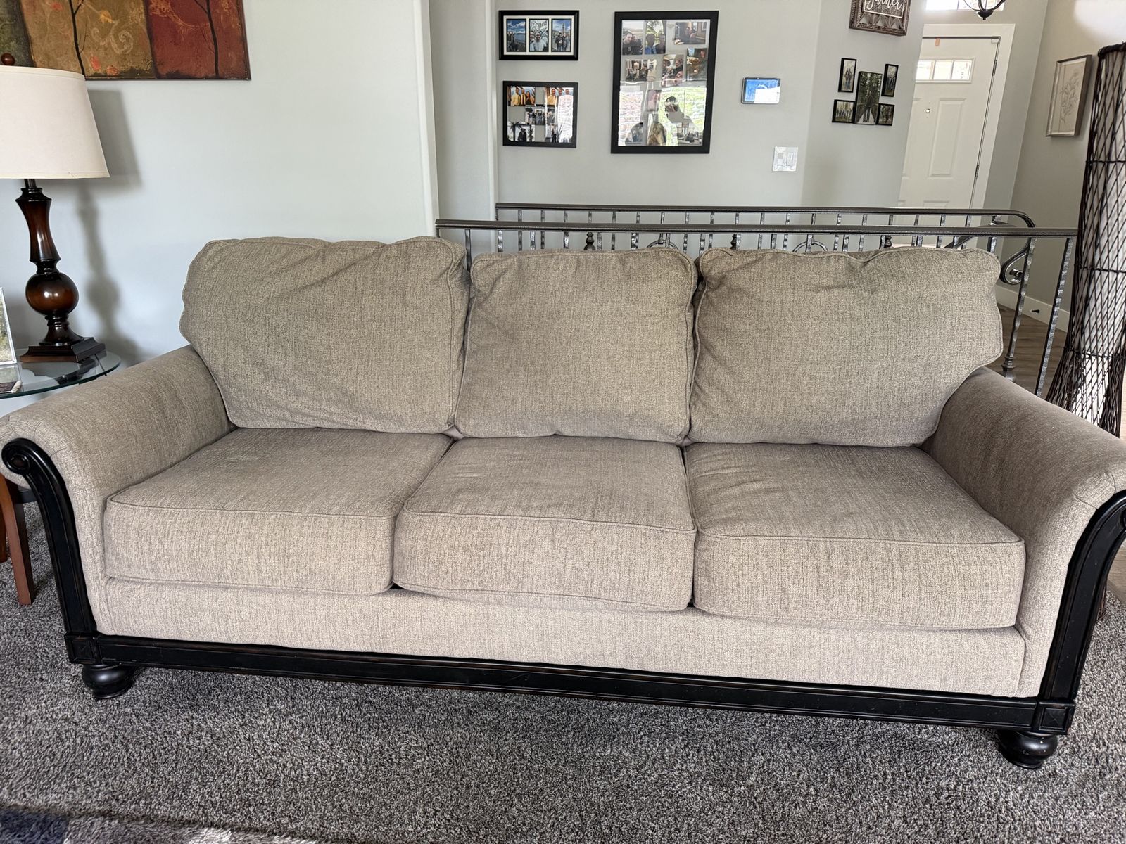 Traditional Beige Fabric Chair, Sofa & Loveseat Set with Dark Wood Trim