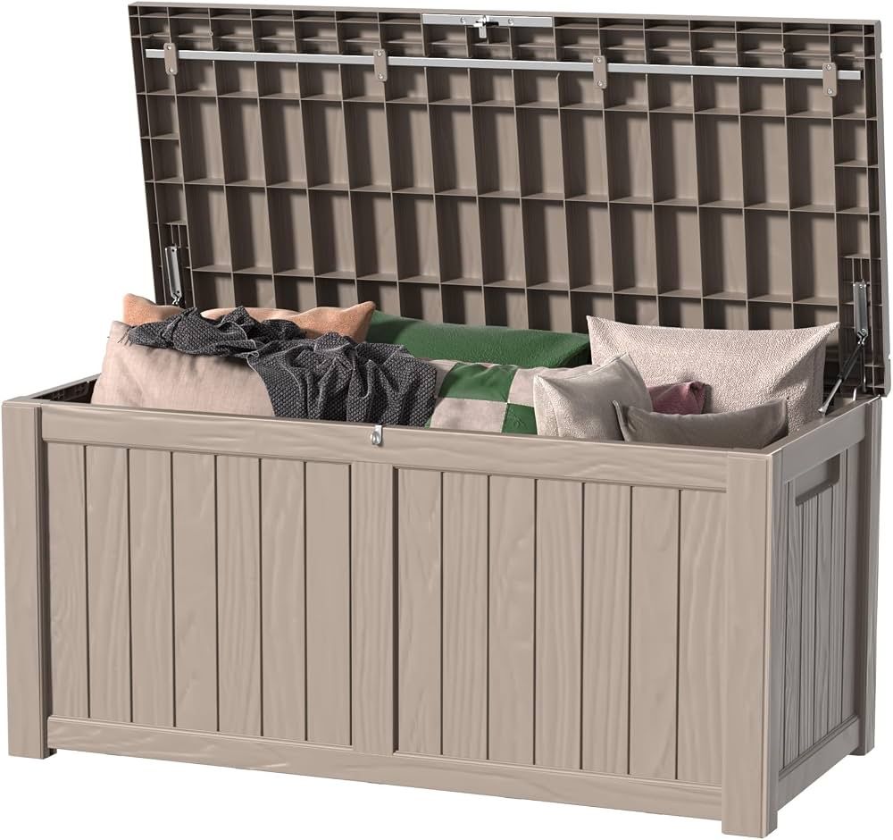 150 Gallon Lockable Resin Box, Waterproof Storage Container for Patio Furniture, Garden Supplies and Tools (150 Gallons, Gray)