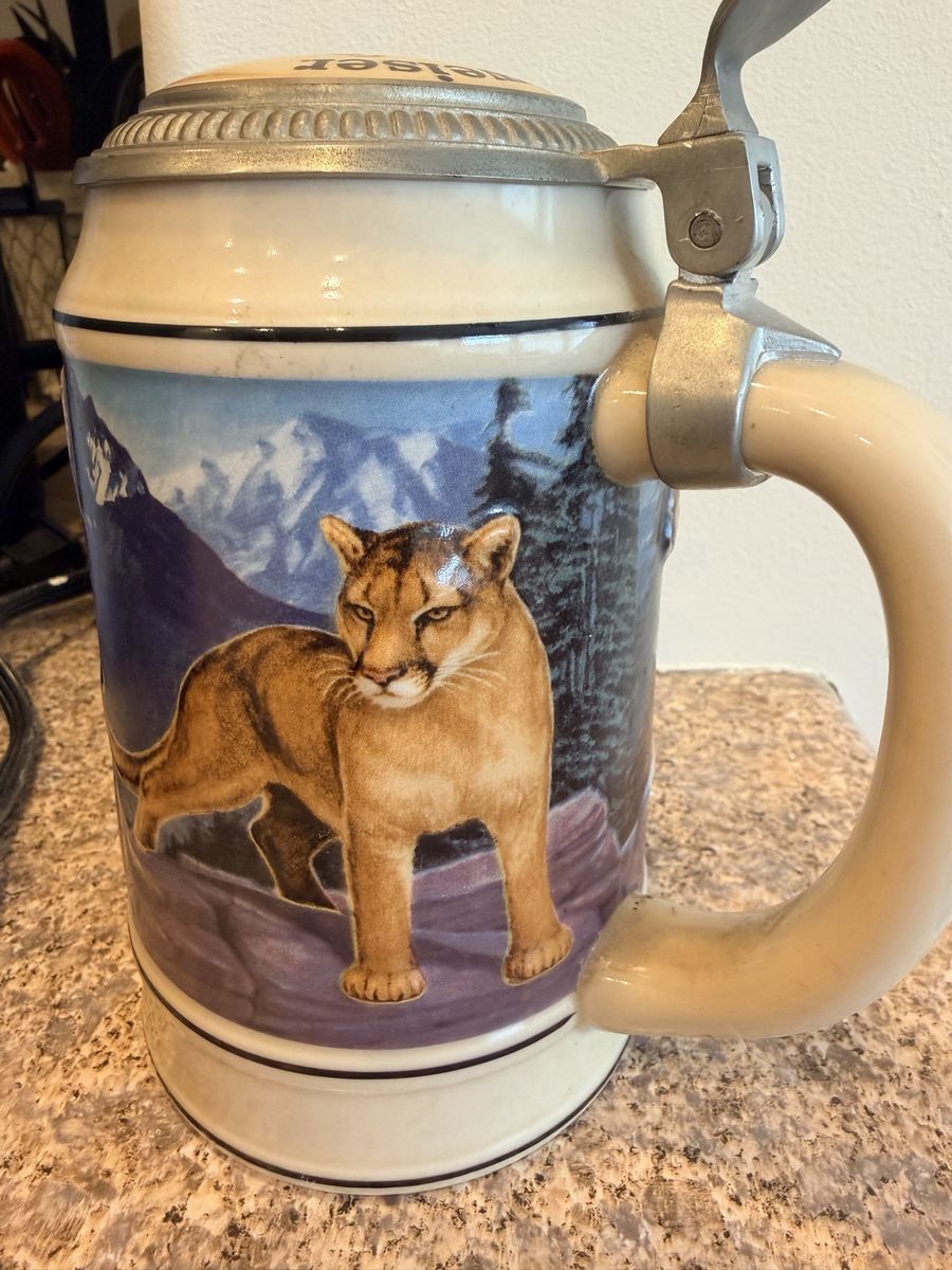 Vintage Budweiser Drink Like A Cougar Wildlife Ceramic Beer Stein with Metal Lid