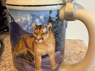 Vintage Budweiser Drink Like A Cougar Wildlife Ceramic Beer Stein with Metal Lid