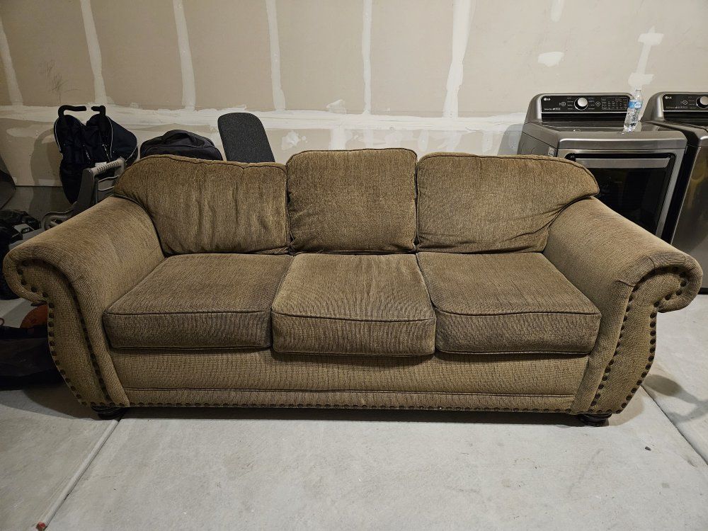 Brown Fabric Sofa with Nailhead Trim - 3 Seater Couch