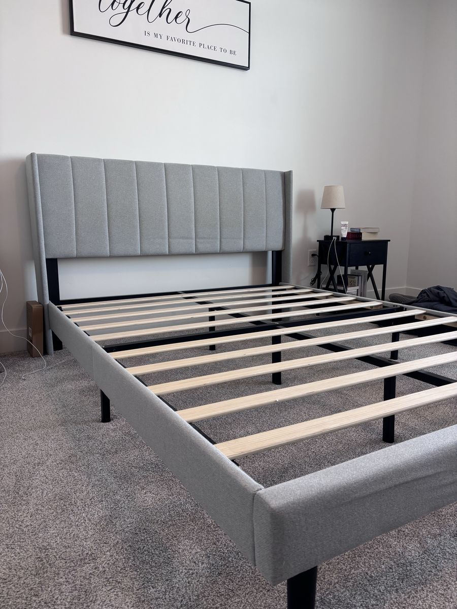Queen Size Upholstered Platform Bed Frame with Slats and Headboard - Grey
