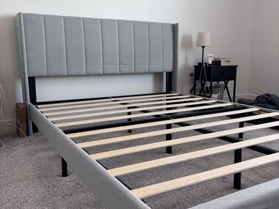Queen Size Upholstered Platform Bed Frame with Slats and Headboard - Grey