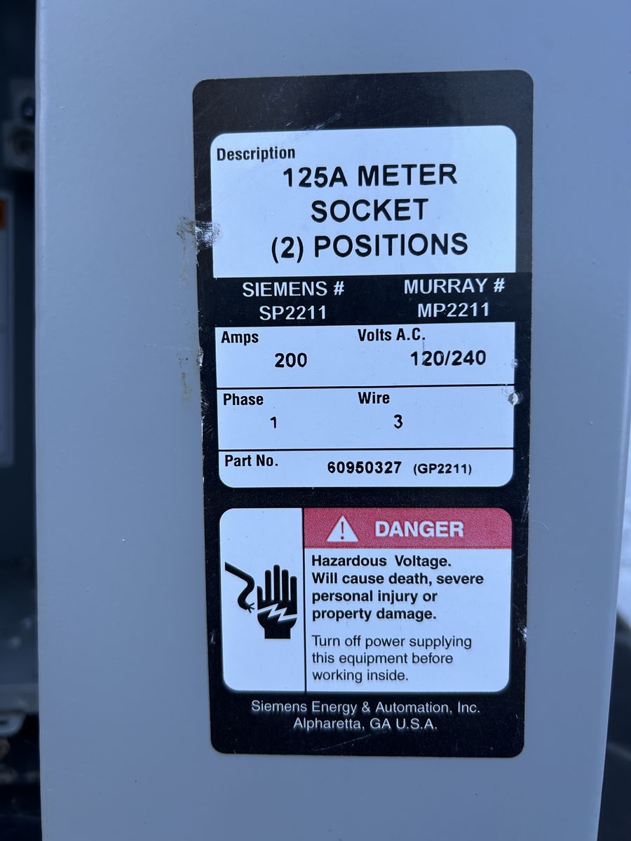 Siemens SP2211 / Murray MP2211 125A Meter Socket 2 Positions