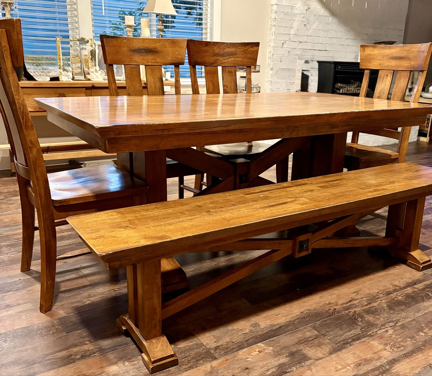 Rustic Wooden Dining Table Set with Chairs and Matching Bench