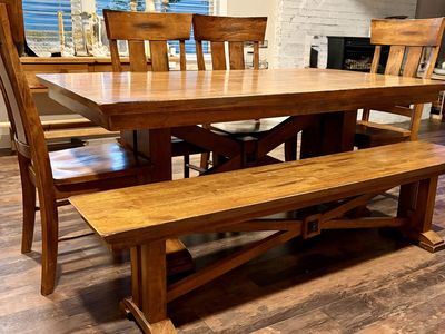 Rustic Wooden Dining Table Set with Chairs and Matching Bench
