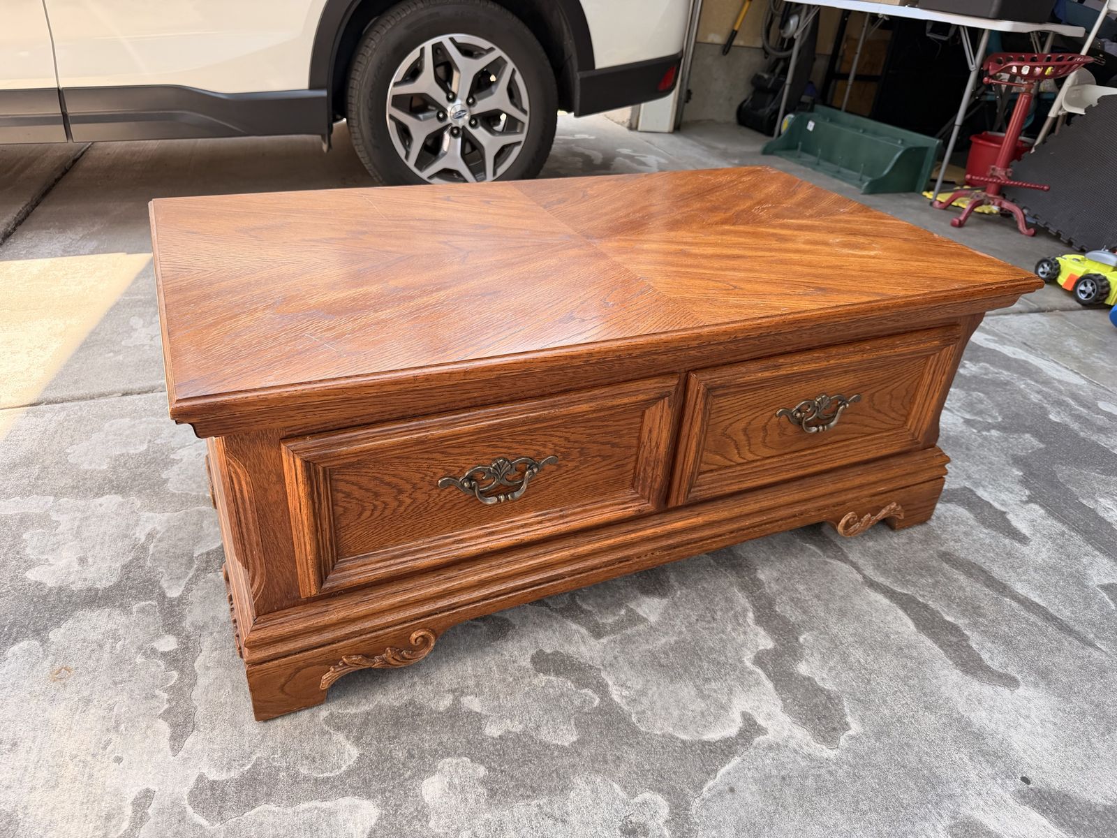 Coffee Table with two Storage Drawers & Brass Hardware-Vintage wooden Solid Oak
