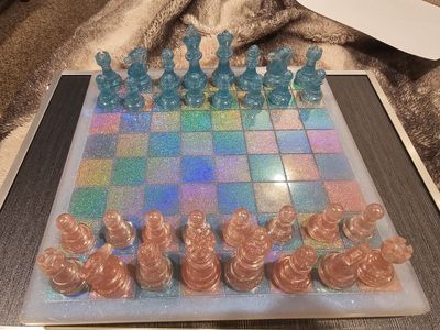 Handmade Resin Chess Set with Holographic Glitter Board and Blue/Pink Pieces