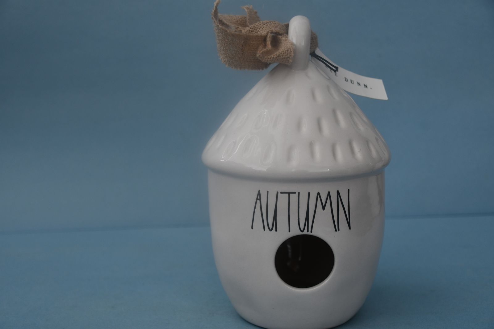 CUTE RAE DUNN "AUTUMN" CERAMIC "BIRD HOUSE" ~ HEIGHT 8.5" ~ BURLAP BOW ~ NO CHIPS ~ $5