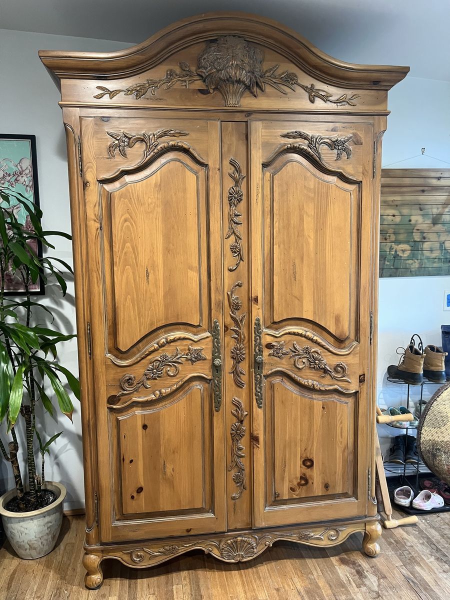 Vintage French Provincial Carved Armoire - Solid Wood Wardrobe Cabinet