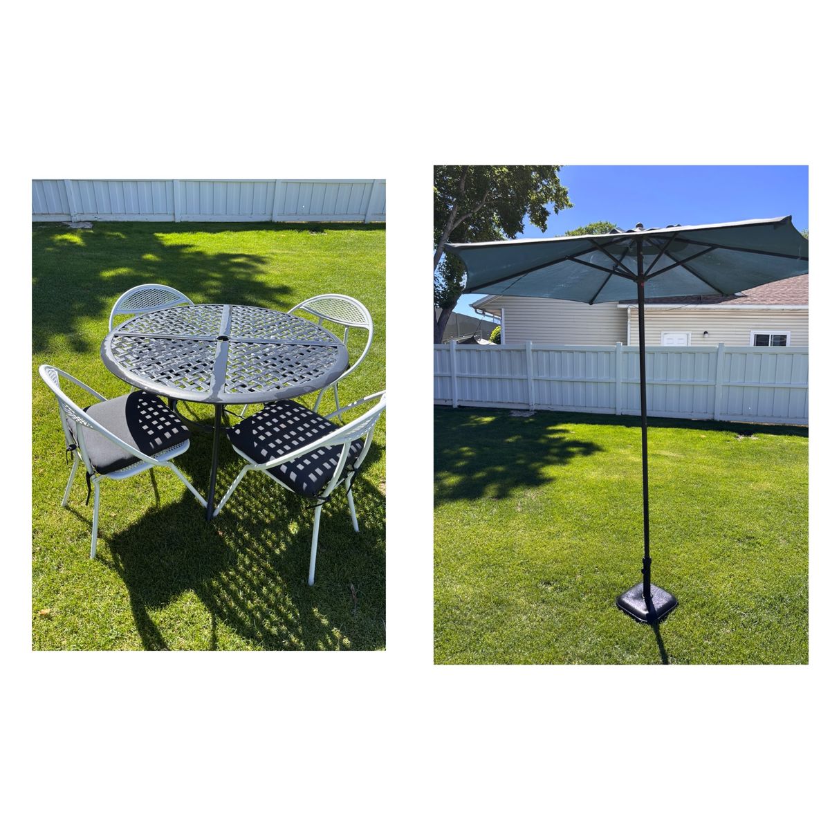 Round Patio Table/Chairs, market umbrella (doesn’t tilt)and stand