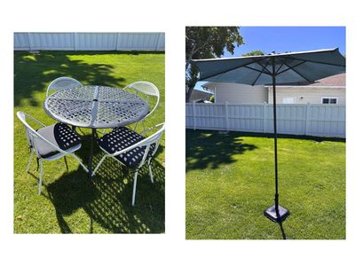 Round Patio Table/Chairs, market umbrella (doesn’t tilt)and stand
