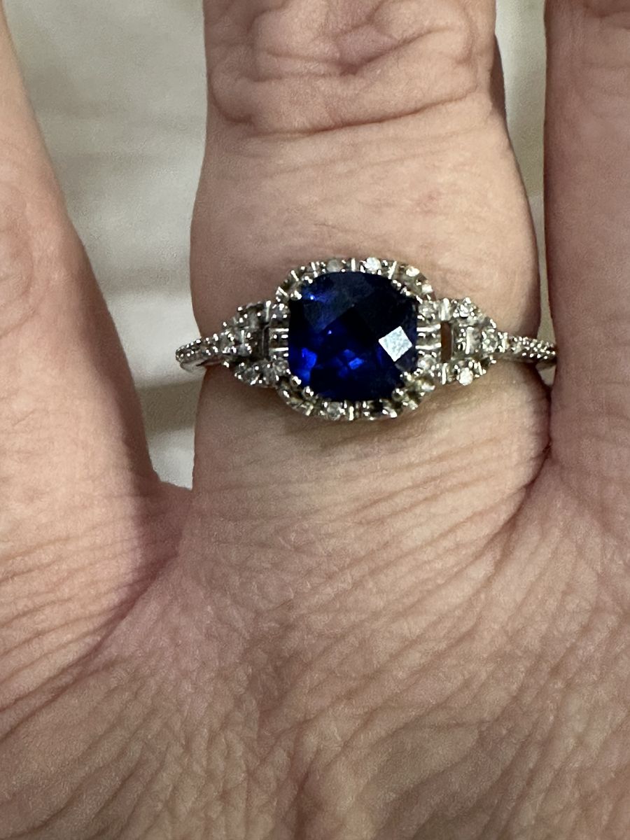 10k White Gold Cushion Cut Blue Sapphire Halo Ring with Diamond Accent Stones