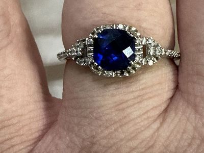10k White Gold Cushion Cut Blue Sapphire Halo Ring with Diamond Accent Stones
