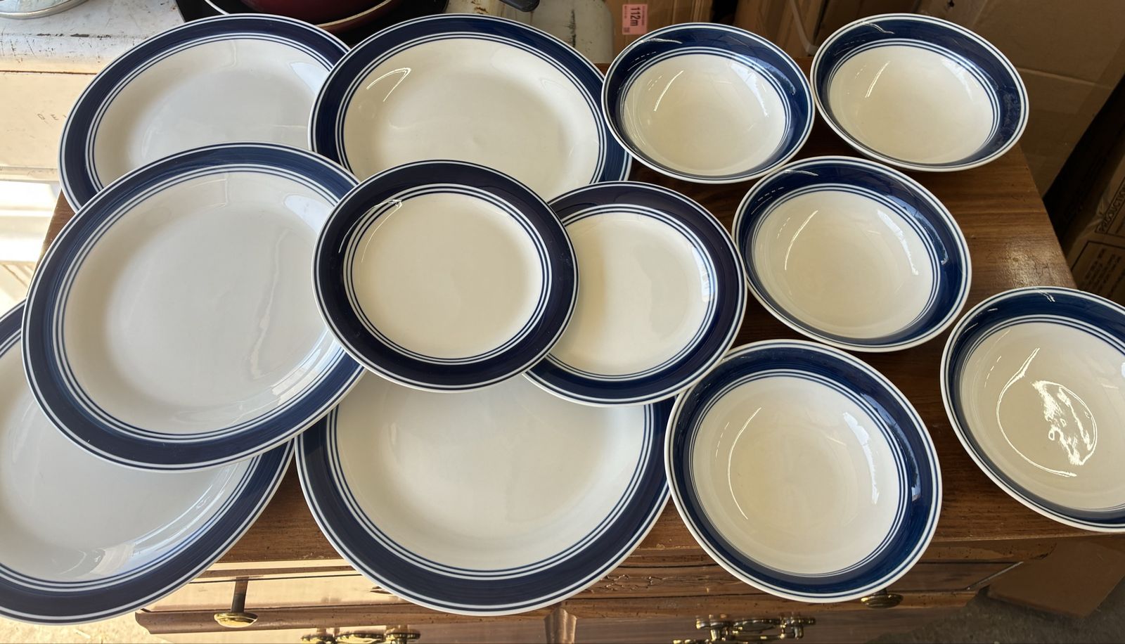 Mainstays Stoneware Dinnerware Set - Blue & White Striped Plates and Bowls (12 Piece) 5 dinner plates, 5 bowls, 2 salad plates