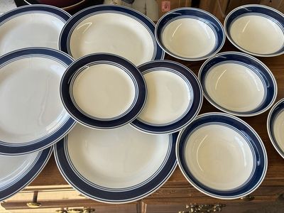Mainstays Stoneware Dinnerware Set - Blue & White Striped Plates and Bowls (12 Piece) 5 dinner plates, 5 bowls, 2 salad plates
