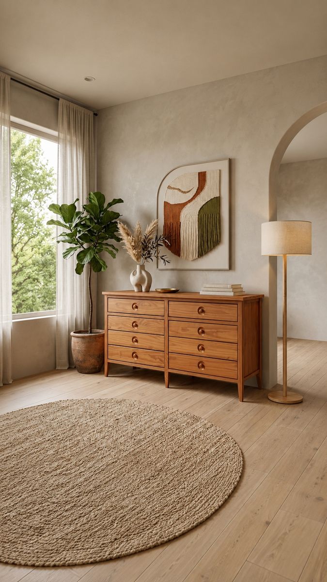 Vintage 8-Drawer Alegria Dresser Credenza in Sunset Finish w/Recessed Round Wooden Knobs & Thin Tapered Block Legs by Alan Evans
