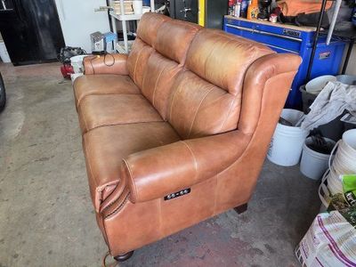 Brown Leather Reclining Sofa Couch with Power Recline - Good Condition