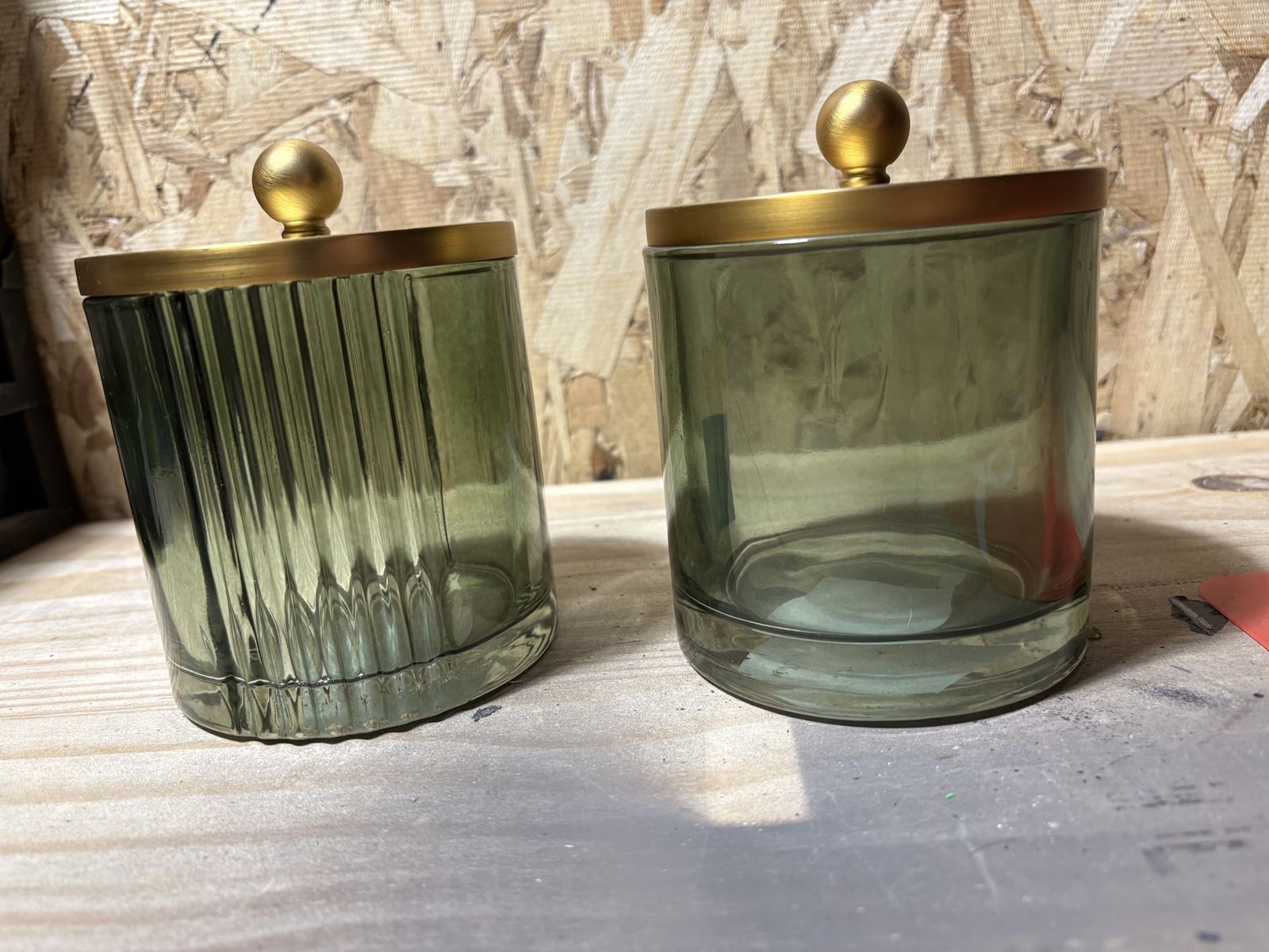 Set of 2 Green Glass Decorative Storage Jars with Gold Lids