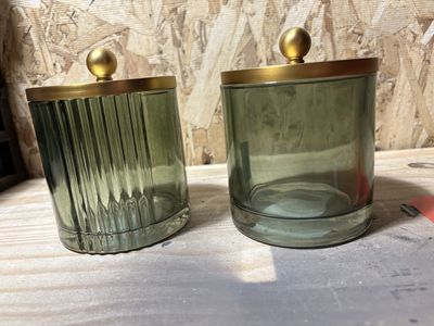 Set of 2 Green Glass Decorative Storage Jars with Gold Lids