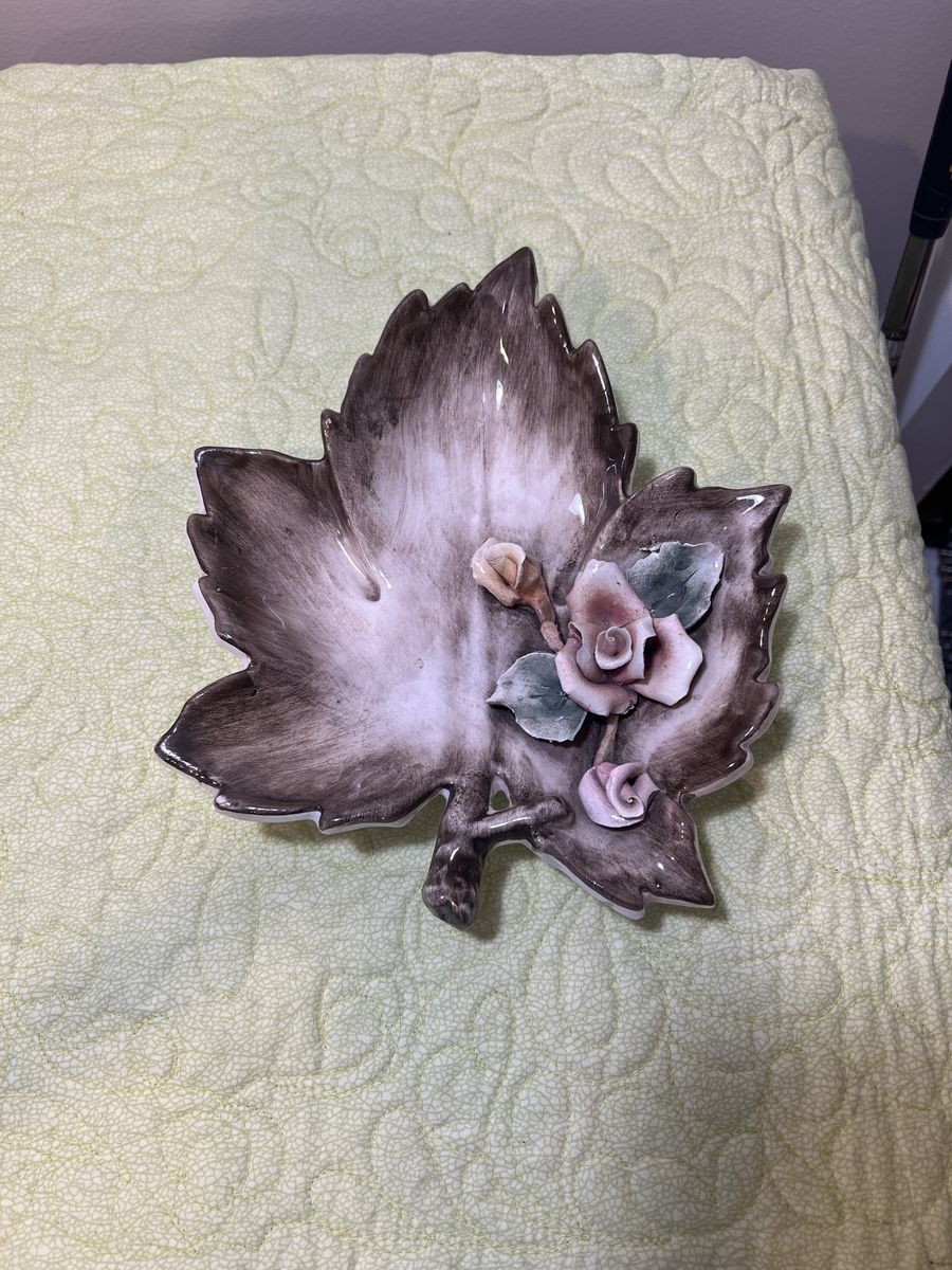 Vintage Ceramic Leaf Dish with Applied Roses - Decorative Centerpiece or Catch-All