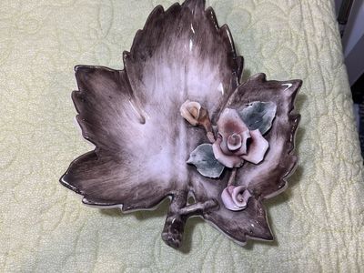Vintage Ceramic Leaf Dish with Applied Roses - Decorative Centerpiece or Catch-All