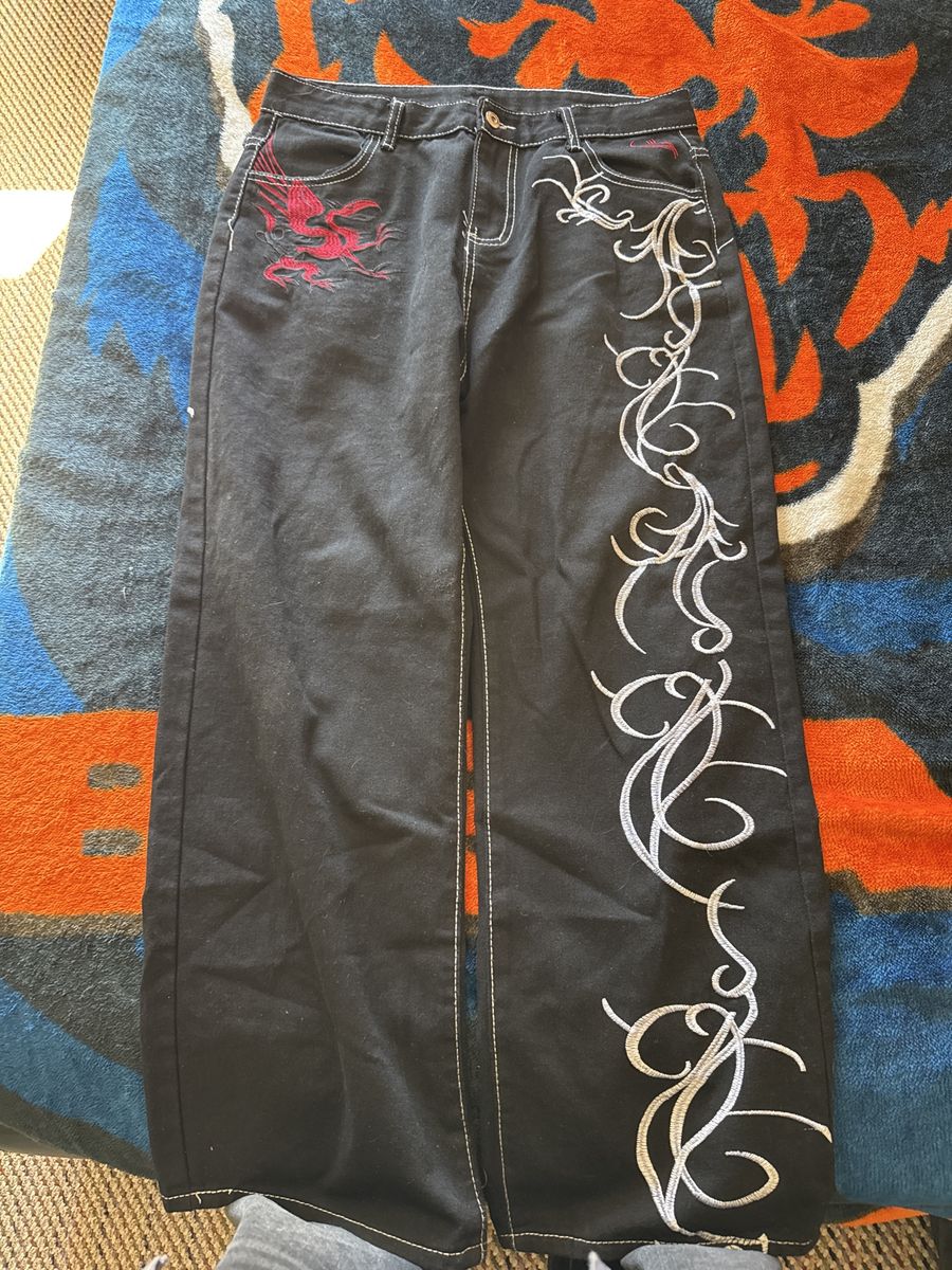 Black Wide Leg Y2K Jeans with Red Dragon & White Swirl Embroidery - Stylish & Unique, Size XL