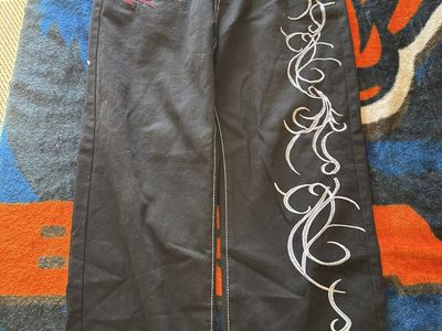 Black Wide Leg Y2K Jeans with Red Dragon & White Swirl Embroidery - Stylish & Unique, Size XL