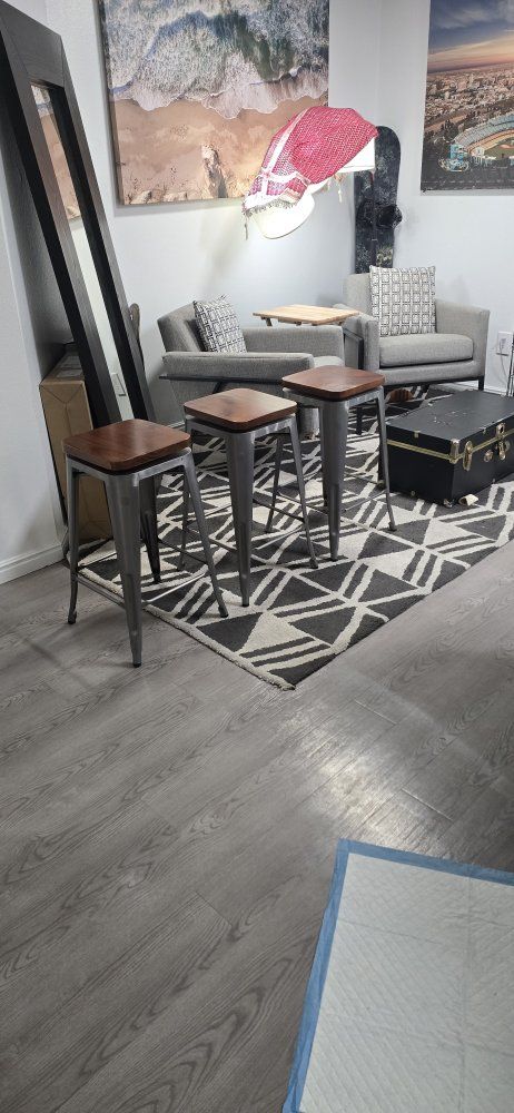 Set of 3 Industrial Style Counter Stools - Metal Base & Wood Top