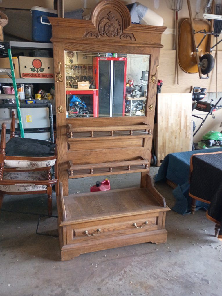 Vintage Oak Hall Tree with Mirror, Bench, Storage, and Coat Hooks - Entryway Furniture