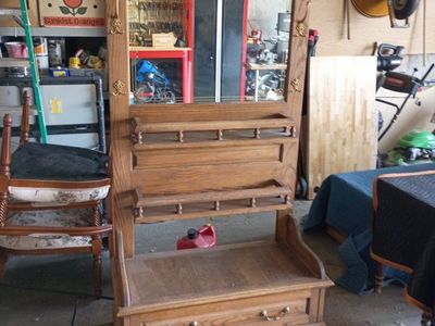 Vintage Oak Hall Tree with Mirror, Bench, Storage, and Coat Hooks - Entryway Furniture