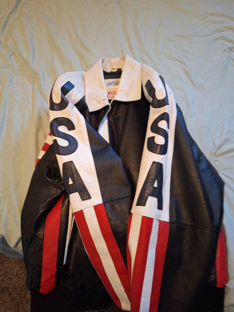 Michael Hoban WHEREMI USA American Flag Leather Bomber Jacket - Men's Size Large