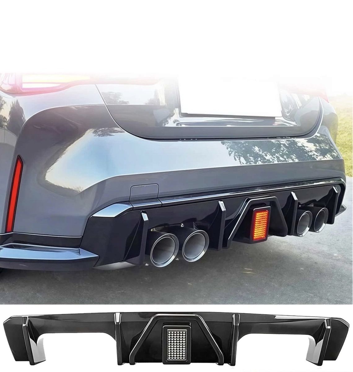 Gloss Black Rear Bumper Diffuser w/ LED Brake Light for 2021-2025 BMW G80 M3 G82 G83 M4