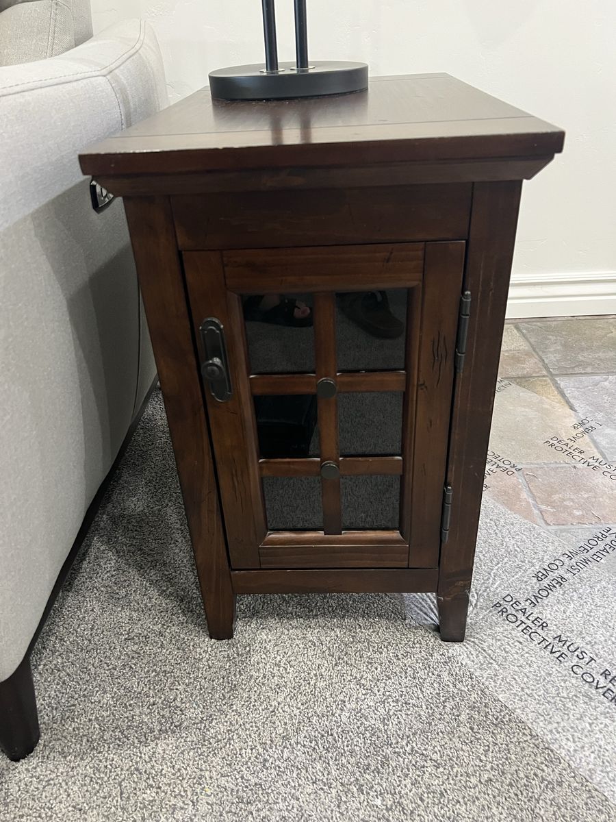 Dark Wood Side Table with Built-In Outlets and Cabinet