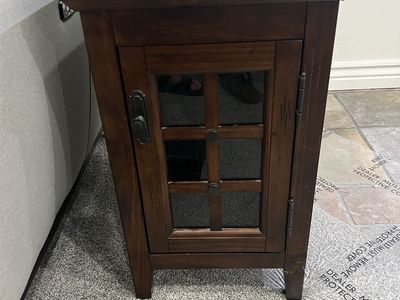 Dark Wood Side Table with Built-In Outlets and Cabinet